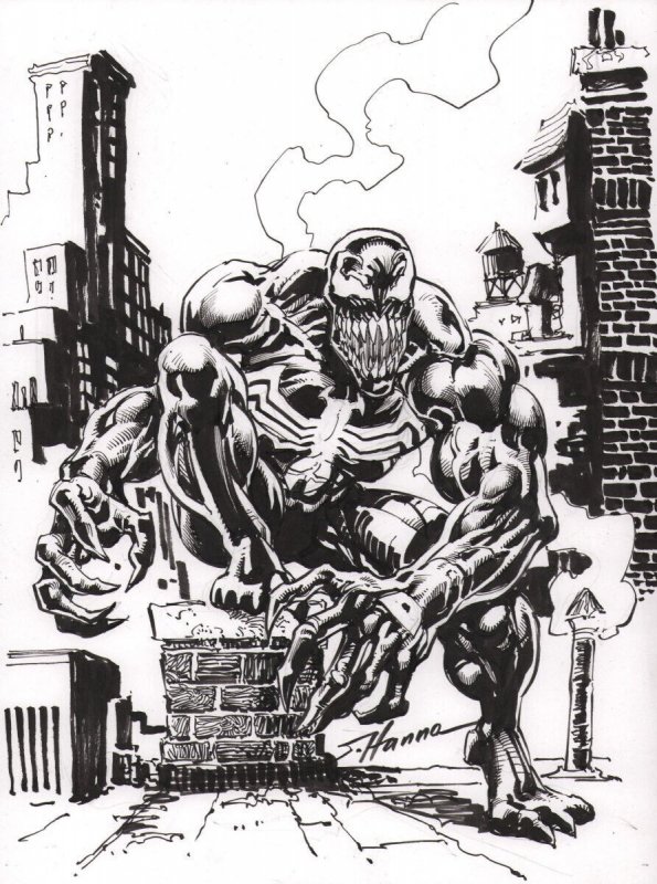 Venom with City Background Commission - Signed Art by Scott Hanna, raw, ungraded comic book — front cover
