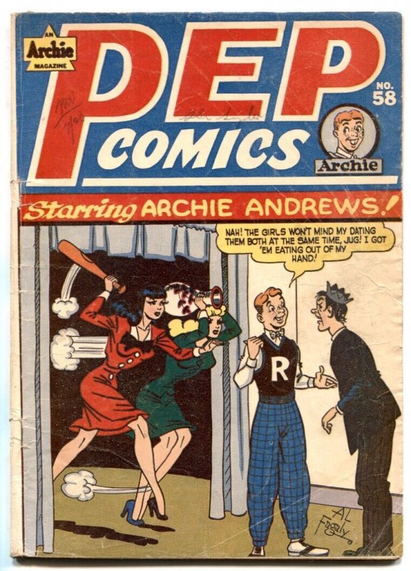 Pep Comics #58 (1946), raw comic book in VG condition — front cover