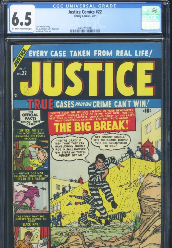 Justice Comics #22 (Timely Comics), CGC 6.5 graded comic book, Universal Blue label — front cover in its holder