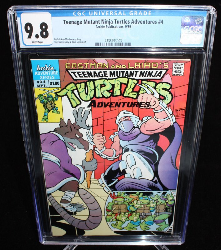 Teenage Mutant Ninja Turtles Adventures #4 (1989), CGC 9.8 graded comic book, Universal Blue label — front cover in its holder