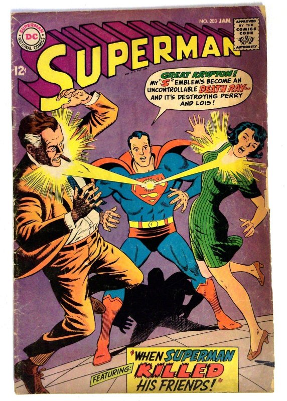 Superman #203 (DC Comics, 1968), raw comic book in VG condition — front cover