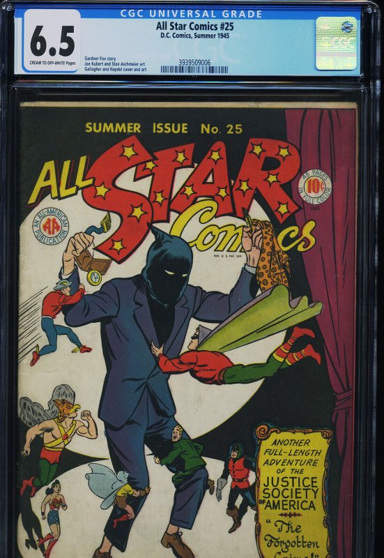 All Star Comics #25 (DC Comics), CGC 6.5 graded comic book, Universal Blue label — front cover in its holder