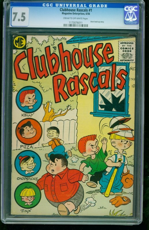 Clubhouse Rascals #1 (1956), CGC 7.5 graded comic book, Universal Blue label — front cover in its holder