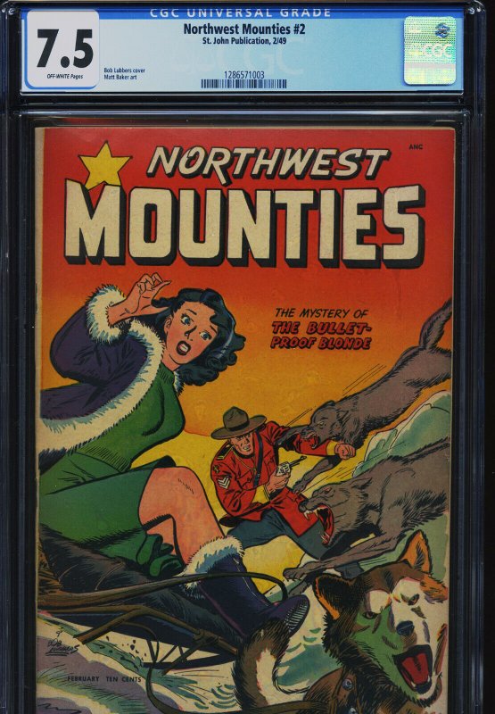 Northwest Mounties #2, CGC 7.5 graded comic book, Universal Blue label — front cover in its holder