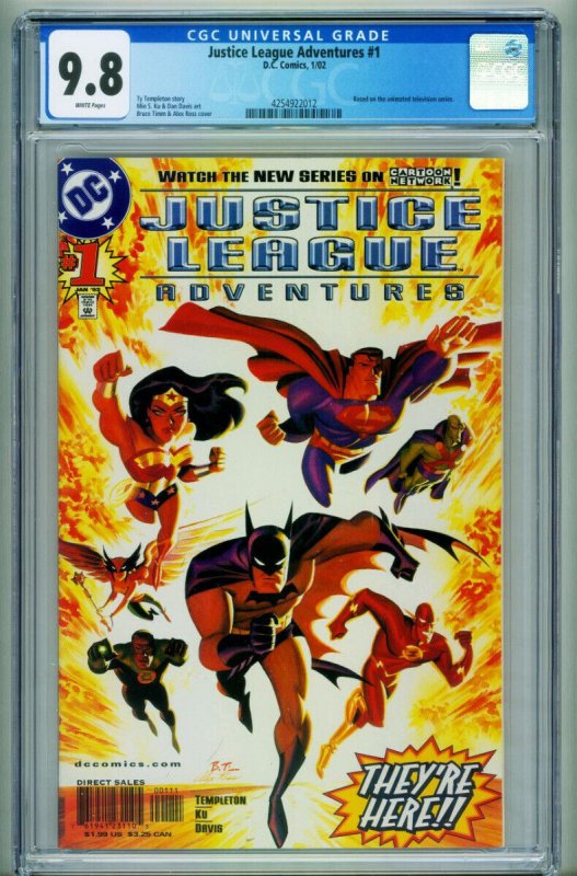 Justice League Adventures #1 (DC Comics), CGC 9.8 graded comic book, Universal Blue label — front cover in its holder