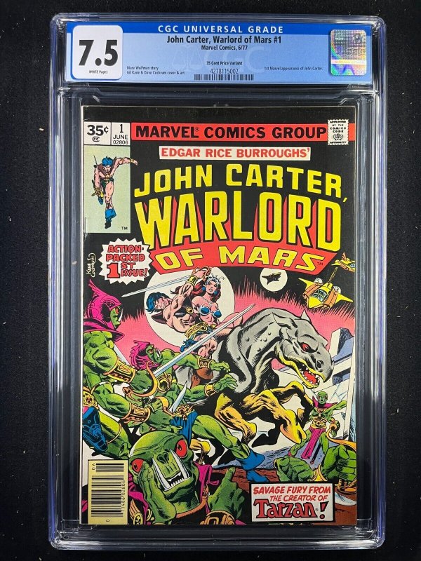 John Carter Warlord of Mars #1 (1977), CGC 7.5 graded comic book, Universal Blue label — front cover in its holder