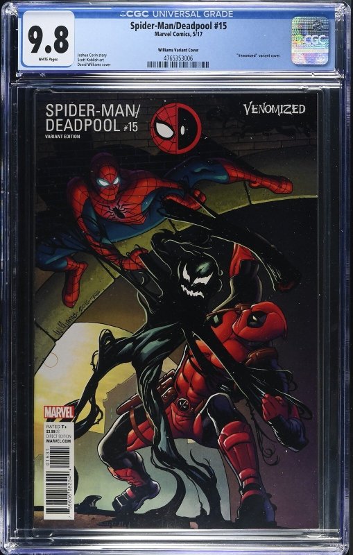 Spider-Man/Deadpool #15 (Marvel Comics, 2017), CGC 9.8 graded comic book, Universal Blue label — front cover in its holder