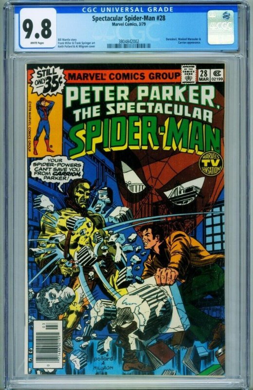 Spectacular Spider-Man #28 (Marvel Comics, 1979), CGC 9.8 graded comic book, Universal Blue label — front cover in its holder