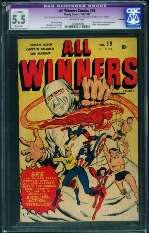 All Winners #19 (Marvel Comics, 1945), CGC 5.5 graded comic book, Restored label — front cover in its holder
