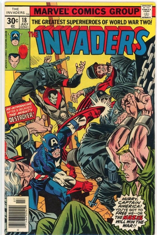 Invaders #18 (Marvel Comics, 1977), raw comic book in VF- 7.5 condition — front cover