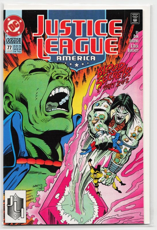 Justice League America #77 (DC Comics, 1993), raw, ungraded comic book — front cover