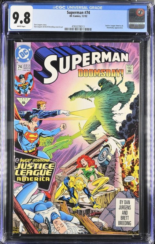 Superman #74 (DC Comics, 1992), CGC 9.8 graded comic book, Universal Blue label — front cover in its holder