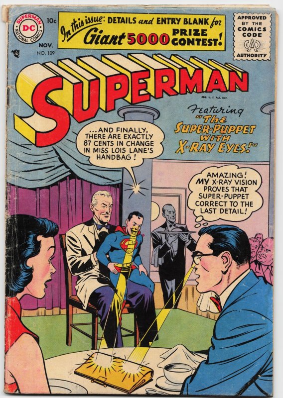 Superman #109 (DC Comics, 1956), raw, ungraded comic book — front cover