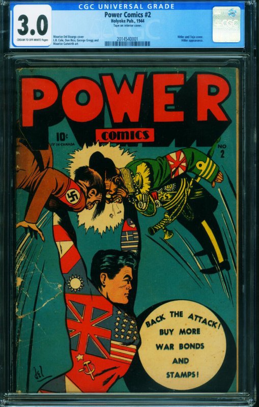 Power #2 (1944), CGC 3.0 graded comic book, Universal Blue label — front cover in its holder