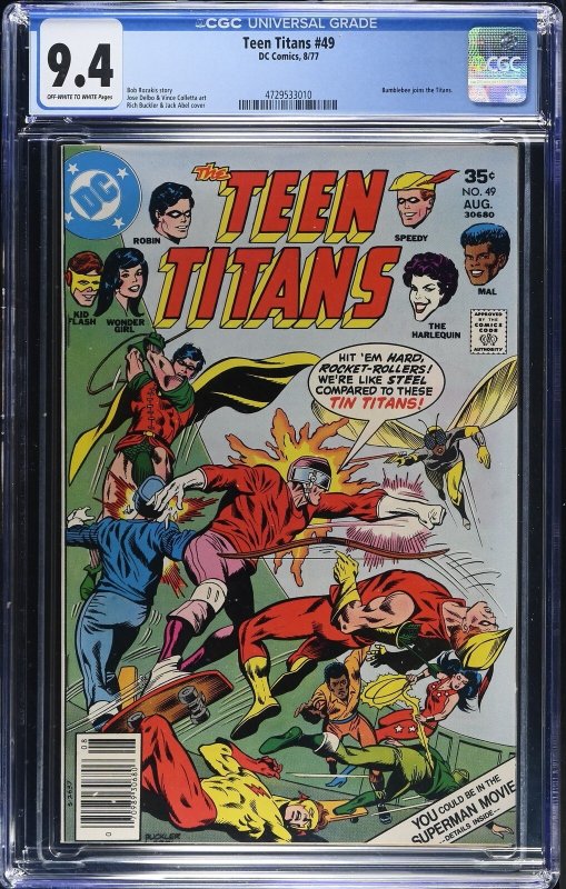 Teen Titans #49 (DC Comics, 1977), CGC 9.4 graded comic book, Universal Blue label — front cover in its holder