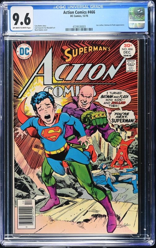 Action Comics #466 (DC Comics, 1976), CGC 9.6 graded comic book, Universal Blue label — front cover in its holder