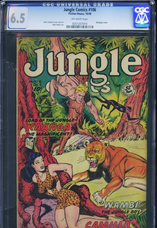 Jungle Comics #106 (Fiction House), CGC 6.5 graded comic book, Universal Blue label — front cover in its holder