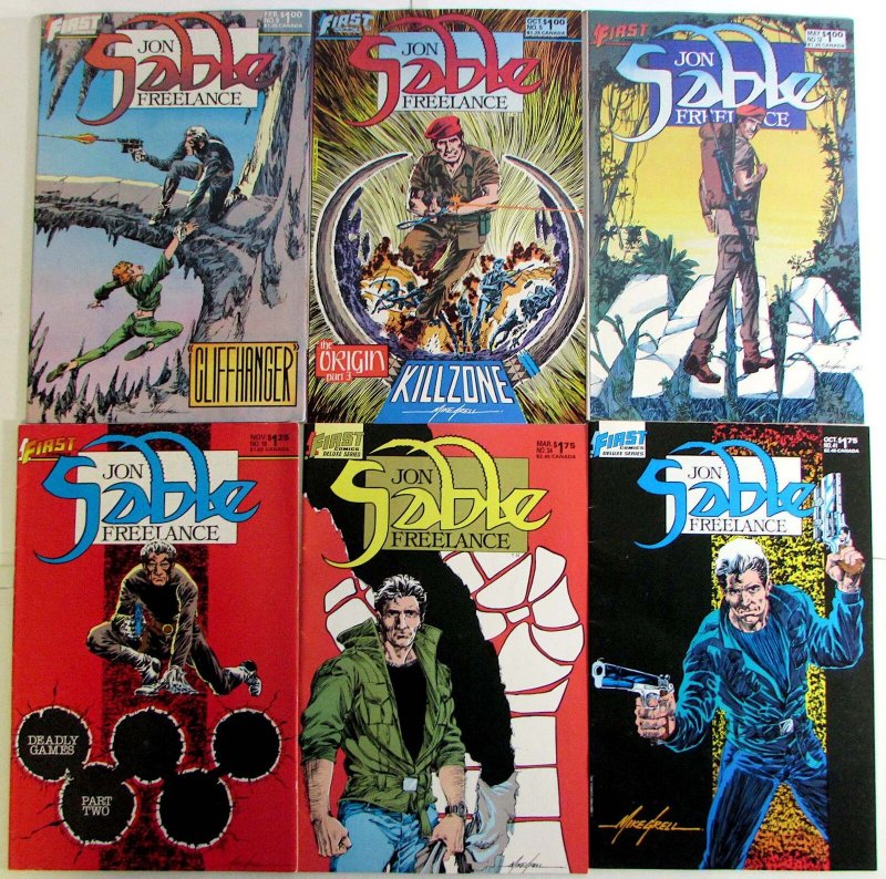 Jon Sable Freelance Lot of 6 #5, 9, 12, 18, 34, 41 1983 First Comic Books (1983), raw, ungraded comic book — front cover