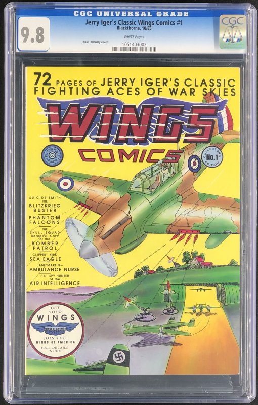 Jerry Iger's Classic Wings Comics (1985) CGC 9.8 (1985), CGC 9.8 graded comic book, Universal Blue label — front cover in its holder