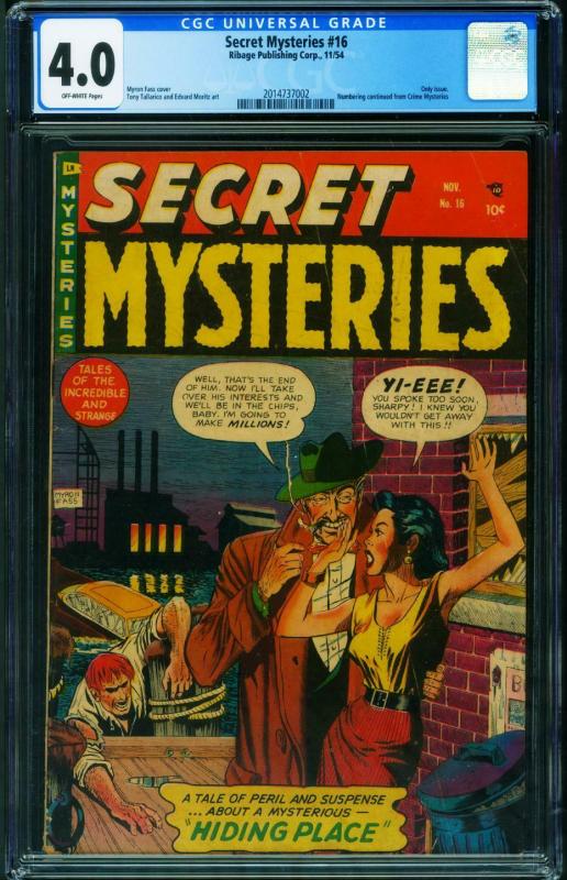 Secret Mysteries #16, CGC 4.0 graded comic book, Universal Blue label — front cover in its holder