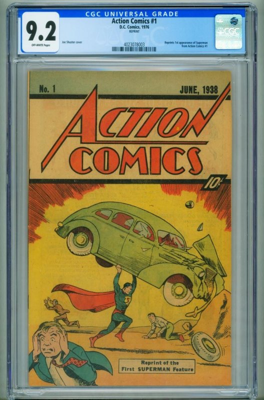 Action #1 (DC Comics, 1976), CGC 9.2 graded comic book, Universal Blue label — front cover in its holder