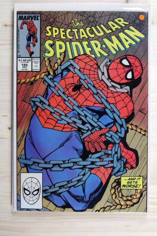 The Spectacular Spider-Man #145 (Marvel Comics, 1988), raw comic book in VF+ 8.5 condition — front cover