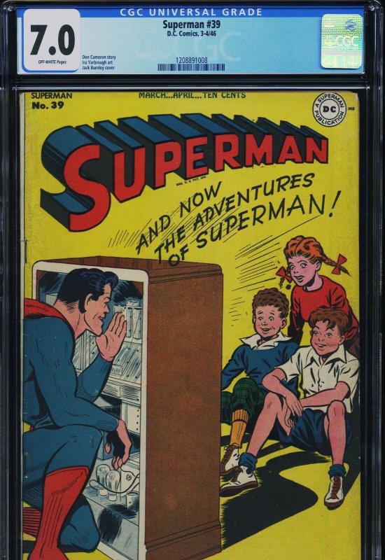 Superman #39 (DC Comics), CGC 7.0 graded comic book, Universal Blue label — front cover in its holder