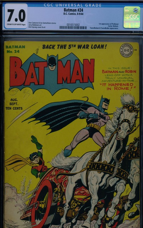 Batman #24 (DC Comics), CGC 7.0 graded comic book, Universal Blue label — front cover in its holder