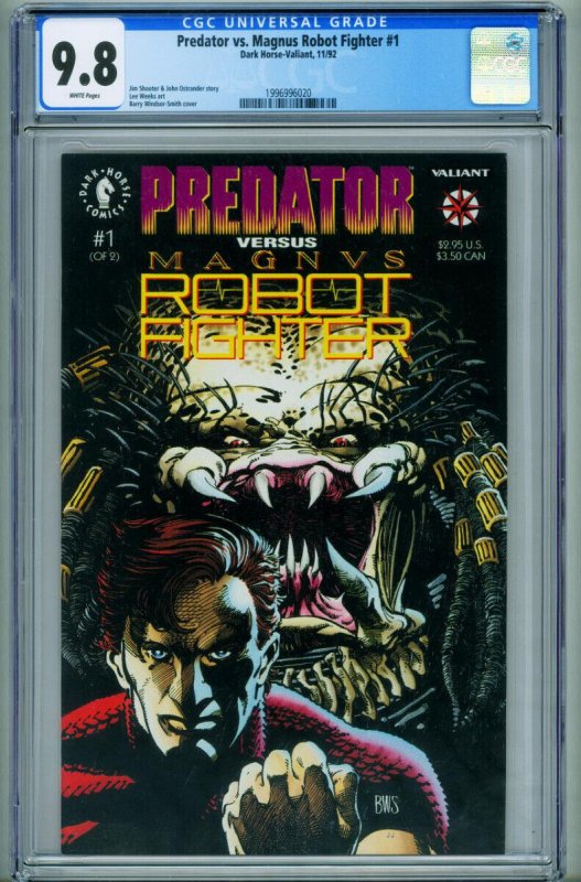 Predator vs. Magnus Robot Fighter #1 (Dark Horse Comics, 1992), CGC 9.8 graded comic book, Universal Blue label — front cover in its holder