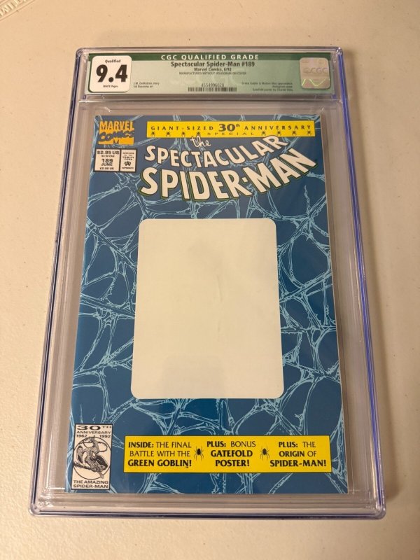 Spectacular Spider-Man #189 (Marvel Comics, 1992), CGC 9.4 graded comic book, Universal Blue label — front cover in its holder