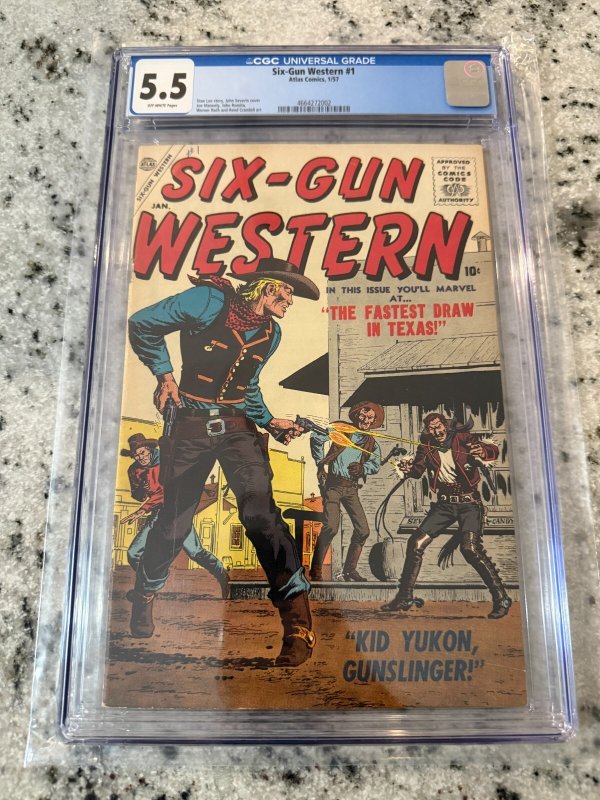 Six-Gun Western #1 (Marvel Comics, 1957), CGC 5.5 graded comic book, Universal Blue label — front cover in its holder