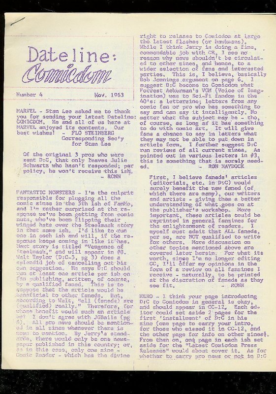 Dateline: Comicdom Fanzine #4 (1963), raw comic book in FN condition — front cover