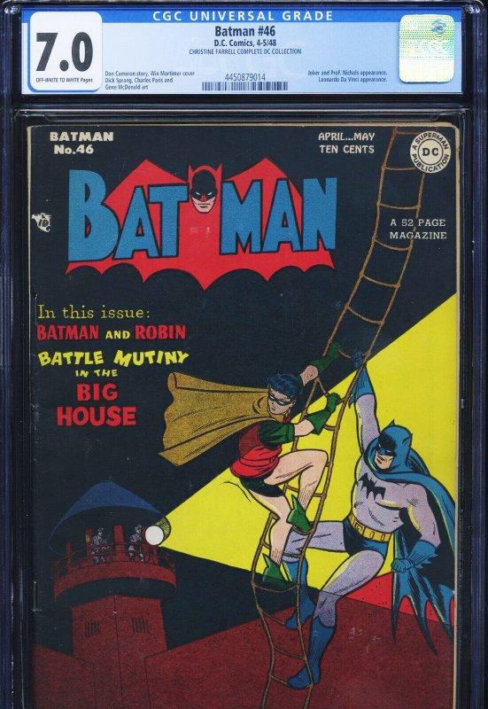 Batman #46 (DC Comics), CGC 7.0 graded comic book, Universal Blue label — front cover in its holder