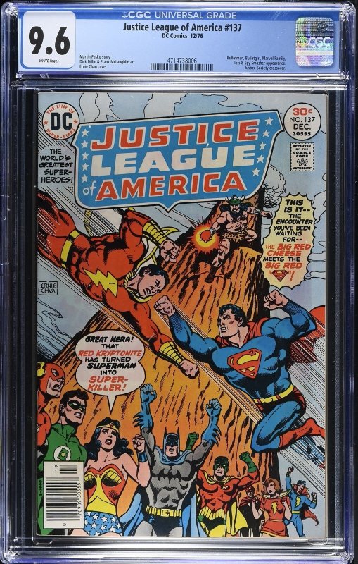 Justice League of America #137 (DC Comics, 1976), CGC 9.6 graded comic book, Universal Blue label — front cover in its holder