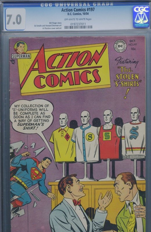 Action Comics #197 (DC Comics), CGC 7.0 graded comic book, Universal Blue label — front cover in its holder