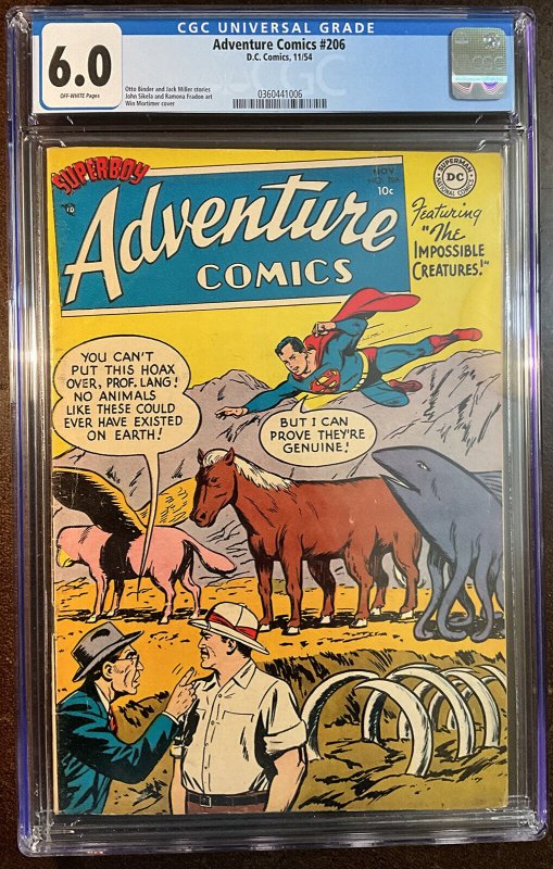 Adventure Comics #206 (DC Comics), CGC 6.0 graded comic book, Universal Blue label — front cover in its holder