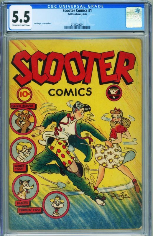 Scooter Comics #1, CGC 5.5 graded comic book, Universal Blue label — front cover in its holder