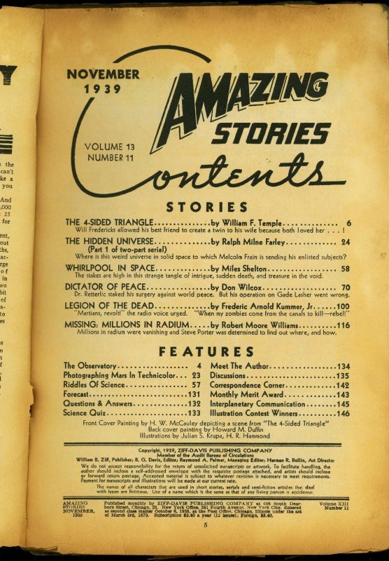 Pulp: Amazing Stories Pulp November 1939- William F Temple- Reading Copy (1939), raw, ungraded comic book — front cover