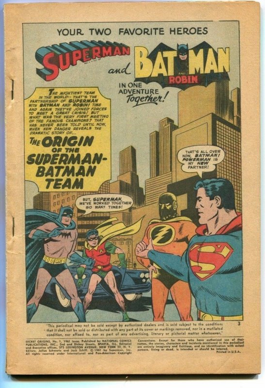 1961 Secret Origins #1 (1961), raw, ungraded comic book — front cover