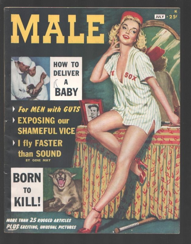 MAG: Male 7/1950-painted Pin-up Girl Cover-Red Sox Jersey-cheesecake-moon Tra..., raw, ungraded comic book — front cover