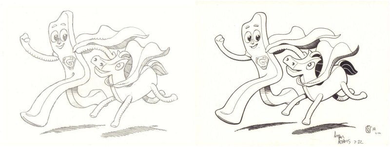 Gumby & Pokey as Superheroes Pencil & Ink 2pc Set art by Rick Geary & Art Adams, raw, ungraded comic book — front cover