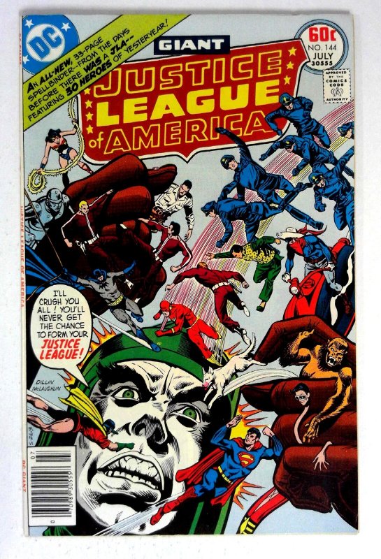 Justice League of America #144 (DC Comics, 1977), raw comic book in VF/NM condition — front cover
