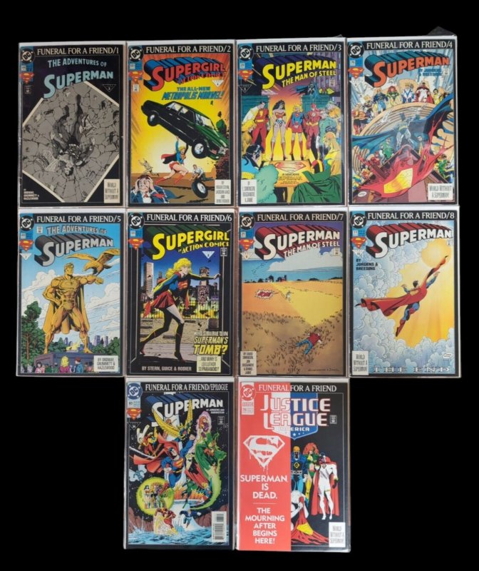 Superman Funeral for a Friend #1-8 + Tieins 1993 DC Comics Good to VF Condition (DC Comics, 1993), raw comic book in VF condition — front cover