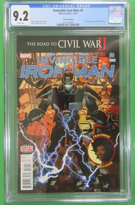 Invincible Iron Man #9 (Marvel Comics, 2016), CGC 9.2 graded comic book, Universal Blue label — front cover in its holder
