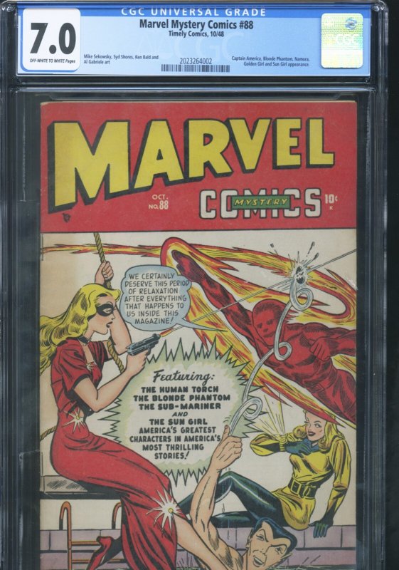 Marvel Mystery Comics #88 (Timely Comics), CGC 7.0 graded comic book, Universal Blue label — front cover in its holder