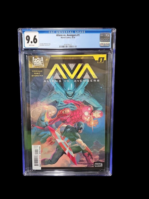Aliens vs Avengers #1 (Marvel Comics, 2024), CGC 9.6 graded comic book, Universal Blue label — front cover in its holder