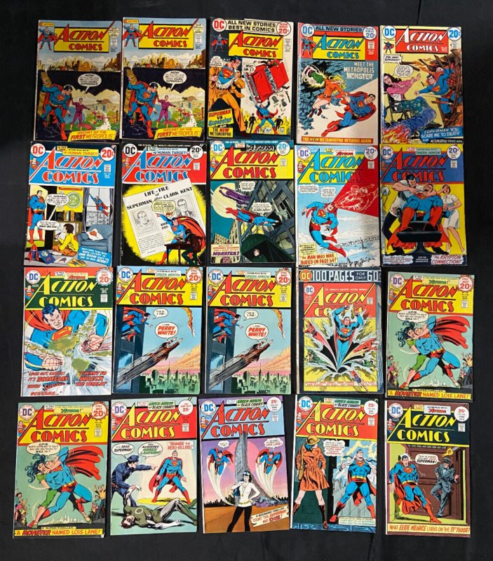 123 Action Comics Starring Superman Lot Bronze Most Vg-Vf+ Swan, Byrne, Kane Etc, raw comic book in VF+ condition — front cover