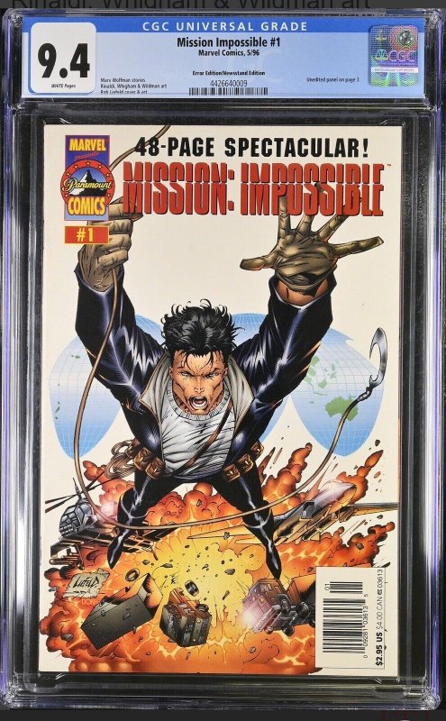 Rare Mission Impossible #1 (1996), CGC 9.4 graded comic book, Universal Blue label — front cover in its holder