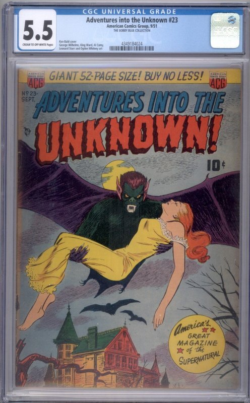 Adventures into the Unknown #23 (DC Comics, 1951), CGC 5.5 graded comic book, Universal Blue label — front cover in its holder