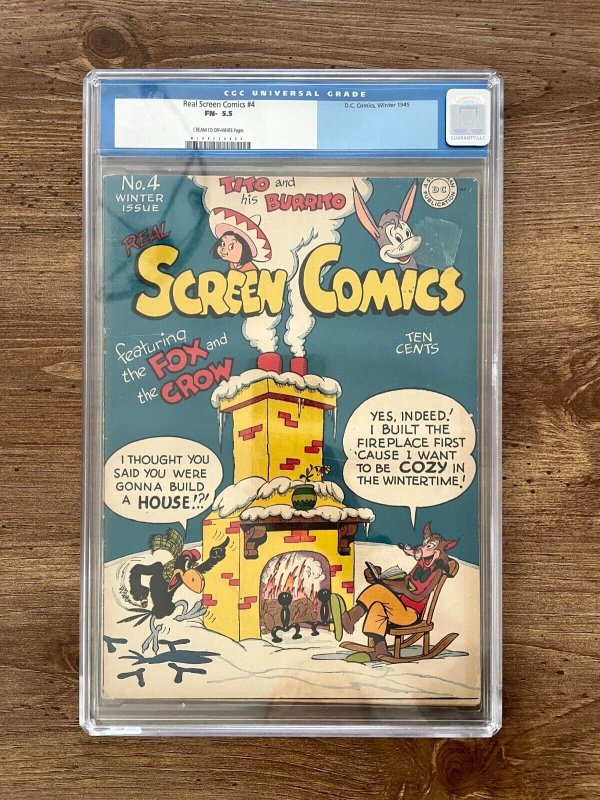 Real Screen Comics #4 (DC Comics, 1945), CGC 5.5 graded comic book, Universal Blue label — front cover in its holder